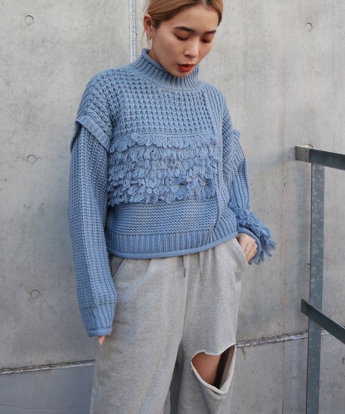 FIG&VIPER（フィグアンドバイパー）の「編地切替ショートニットTOP（ニット/セーター・レディース・ブラック/ブルー/アイボリー・FREE）」の14枚目の写真