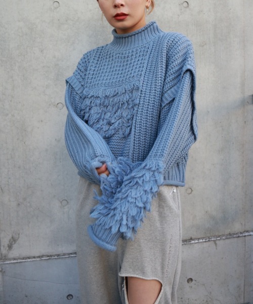 FIG&VIPER（フィグアンドバイパー）の「編地切替ショートニットTOP（ニット/セーター・レディース・ブラック/ブルー/アイボリー・FREE）」の16枚目の写真