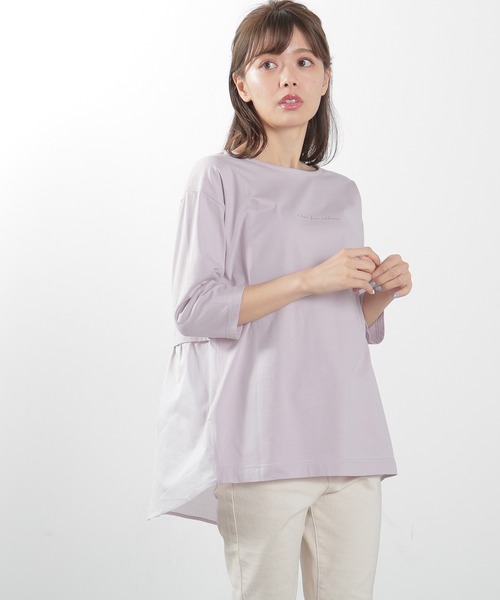 Honeys(ハニーズ)の「異素材使いロゴチュニック(Tシャツ/カットソー・レディース・ラベンダー/ライトベージュ/オフホワイト/ブラック/スミクロ・L/LL/M)」の1枚目の写真
