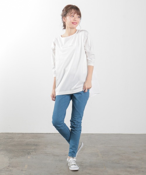 Honeys(ハニーズ)の「異素材使いロゴチュニック(Tシャツ/カットソー・レディース・ラベンダー/ライトベージュ/オフホワイト/ブラック/スミクロ・L/LL/M)」の6枚目の写真