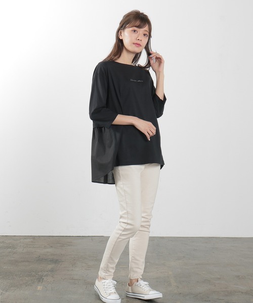 Honeys(ハニーズ)の「異素材使いロゴチュニック(Tシャツ/カットソー・レディース・ラベンダー/ライトベージュ/オフホワイト/ブラック/スミクロ・L/LL/M)」の10枚目の写真