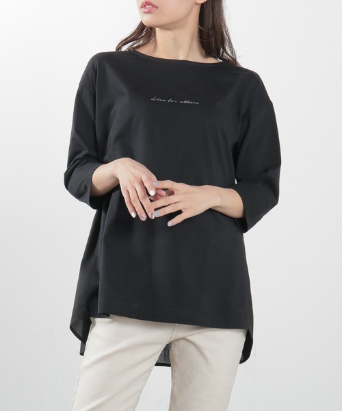 Honeys(ハニーズ)の「異素材使いロゴチュニック(Tシャツ/カットソー・レディース・ラベンダー/ライトベージュ/オフホワイト/ブラック/スミクロ・L/LL/M)」の11枚目の写真