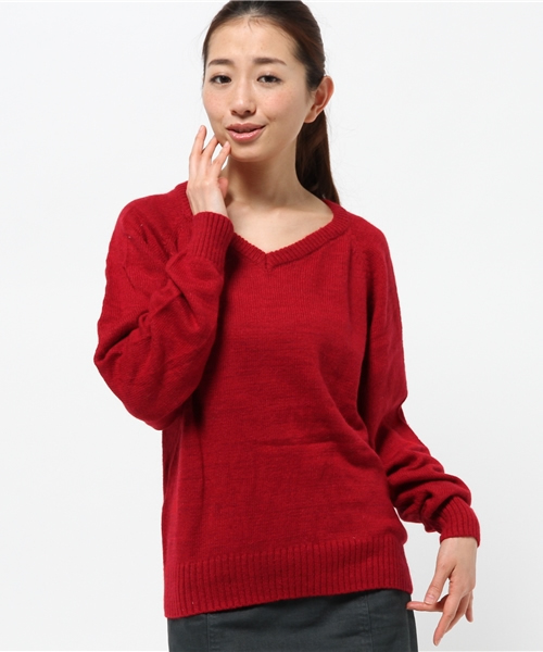 OUTLET（アウトレット）の「【who's who Chico】ナイロンアンゴラソフトドルマンニット（ニット/セーター・レディース・ネイビー/レッド・FREE）」の2枚目の写真