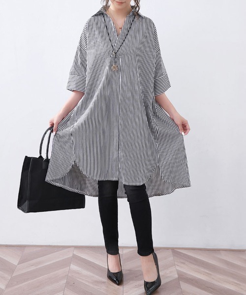 Doux Belle(ドゥーベル)の「ストライプロングシャツ シャツワンピース(シャツ/ブラウス・レディース・ブラック/ライトブルー/ブルー・FREE)」の12枚目の写真