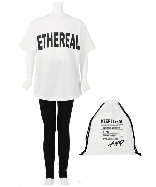 ANAP kids(アナップキッズ)の「ビッグTシャツ+レギンス巾着(Tシャツ/カットソー・キッズ・ベージュ/ピンク/サックスブルー/オフホワイト・110cm/120cm/130cm)」の2枚目の写真