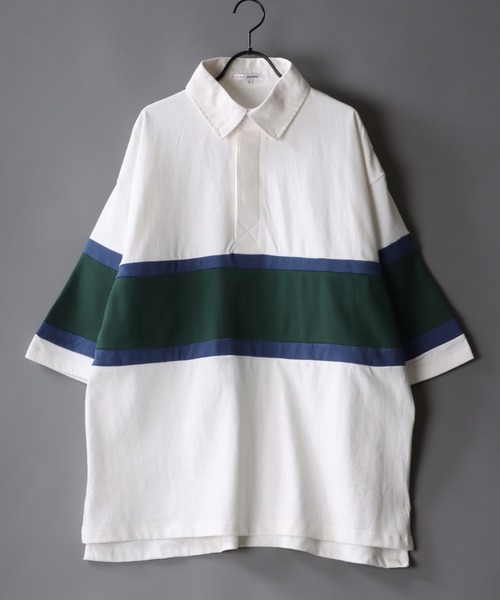 SITRY（シトリー）の「Big silhouette Rugby shirt / ビッグシルエット 半袖 ラガーシャツ（ポロシャツ・メンズ・ブラック/ネイビー/オフホワイト/グリーン/マスタード/グレイッシュブルー・M/L）」の2枚目の写真
