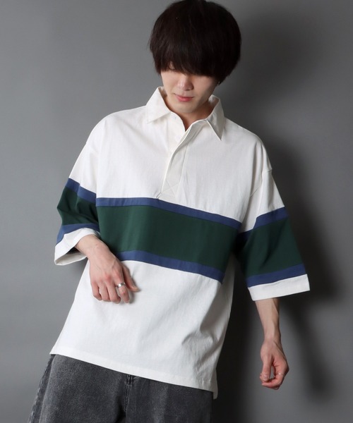 SITRY（シトリー）の「Big silhouette Rugby shirt / ビッグシルエット 半袖 ラガーシャツ（ポロシャツ・メンズ・ブラック/ネイビー/オフホワイト/グリーン/マスタード/グレイッシュブルー・M/L）」の13枚目の写真