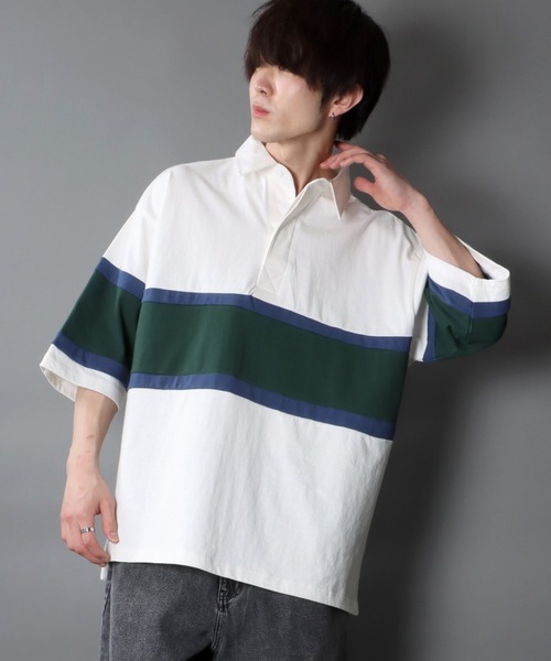 SITRY（シトリー）の「Big silhouette Rugby shirt / ビッグシルエット 半袖 ラガーシャツ（ポロシャツ・メンズ・ブラック/ネイビー/オフホワイト/グリーン/マスタード/グレイッシュブルー・M/L）」の15枚目の写真