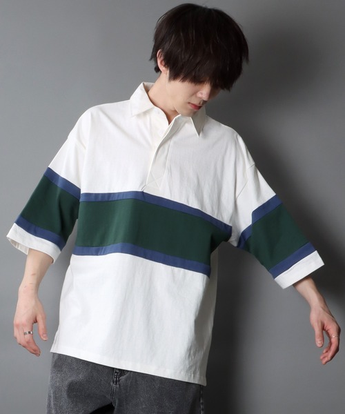 SITRY（シトリー）の「Big silhouette Rugby shirt / ビッグシルエット 半袖 ラガーシャツ（ポロシャツ・メンズ・ブラック/ネイビー/オフホワイト/グリーン/マスタード/グレイッシュブルー・M/L）」の16枚目の写真