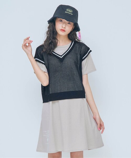 algy（アルジー）の「透かし編みベスト＆接触冷感Tワンピセット（ワンピース・キッズ・ブラック/オフホワイト/ミント・SMALL/MEDIUM/X-SMALL/XX-SMALL/XXX-SMALL）」の3枚目の写真