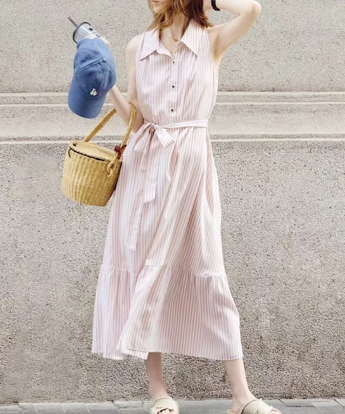 【NEW限定品】 セール】ストライプノースリーブシャツワンピース（シャツ ワンピース