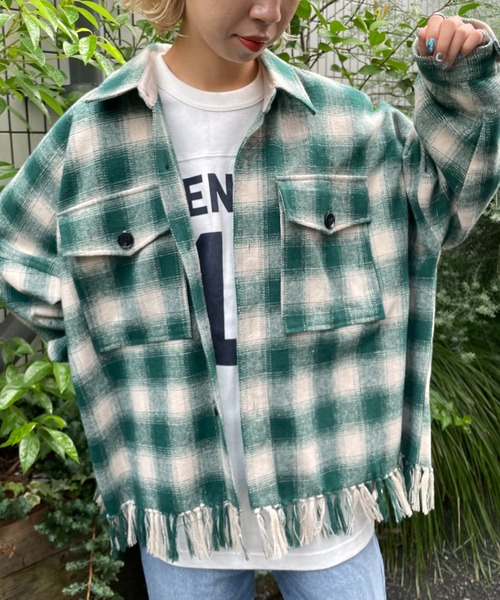 CIAOPANIC(チャオパニック)の「【CPC SCAMP/スキャンプ】オンブレチェックフリンジジャケット(カバーオール・レディース・グレー/レッド/グリーン・2/0)」の6枚目の写真