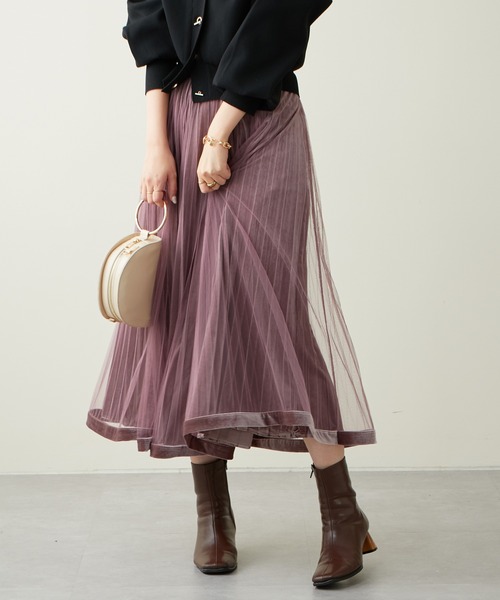 natural couture（ナチュラルクチュール）の「大人気リバイバル/WEB限定カラーあり/裾ベロアパイピングチュールプリーツスカート（スカート・レディース・ブラック/ブラウン/グレー/アイボリー/モカ/ラベンダー・FREE）」の6枚目の写真