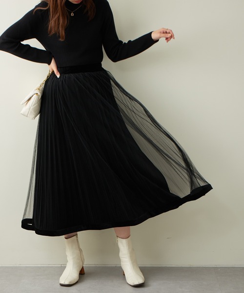 natural couture（ナチュラルクチュール）の「大人気リバイバル/WEB限定カラーあり/裾ベロアパイピングチュールプリーツスカート（スカート・レディース・ブラック/ブラウン/グレー/アイボリー/モカ/ラベンダー・FREE）」の3枚目の写真