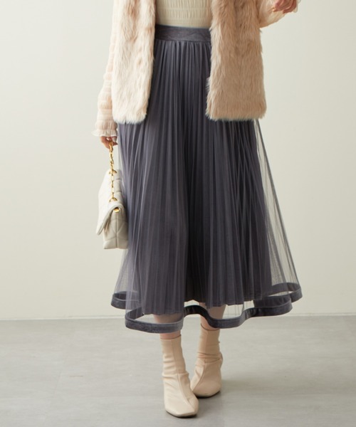 natural couture（ナチュラルクチュール）の「大人気リバイバル/WEB限定カラーあり/裾ベロアパイピングチュールプリーツスカート（スカート・レディース・ブラック/ブラウン/グレー/アイボリー/モカ/ラベンダー・FREE）」の22枚目の写真