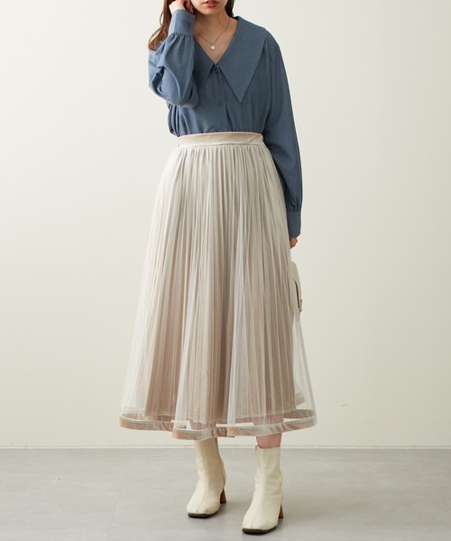 natural couture（ナチュラルクチュール）の「大人気リバイバル/WEB限定カラーあり/裾ベロアパイピングチュールプリーツスカート（スカート・レディース・ブラック/ブラウン/グレー/アイボリー/モカ/ラベンダー・FREE）」の10枚目の写真