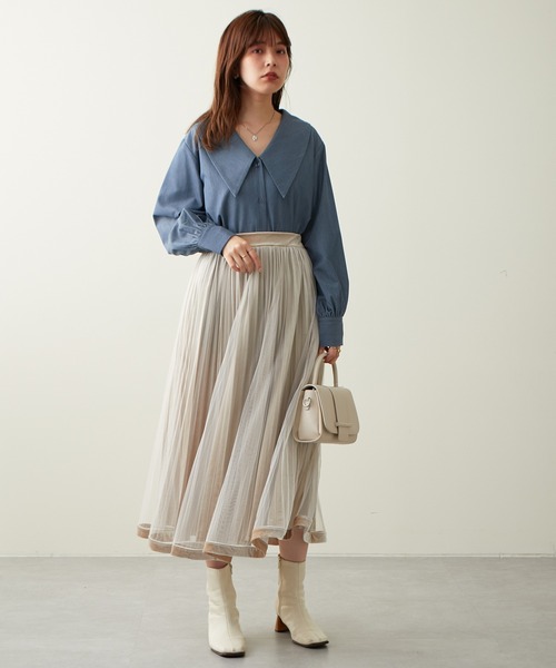 natural couture（ナチュラルクチュール）の「大人気リバイバル/WEB限定カラーあり/裾ベロアパイピングチュールプリーツスカート（スカート・レディース・ブラック/ブラウン/グレー/アイボリー/モカ/ラベンダー・FREE）」の11枚目の写真