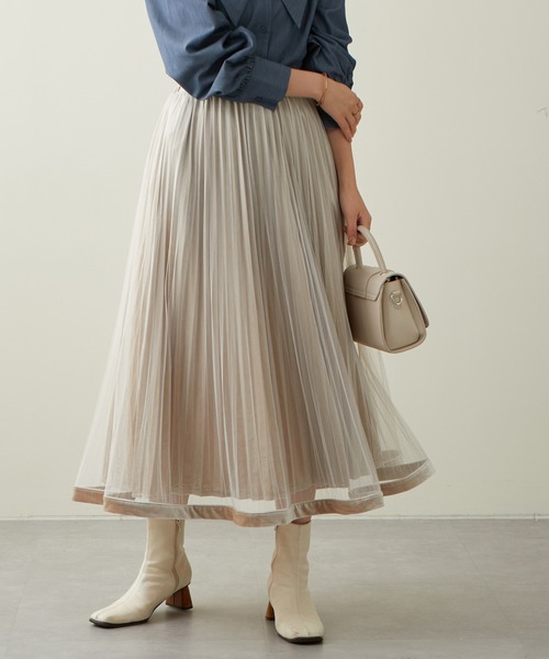 natural couture（ナチュラルクチュール）の「大人気リバイバル/WEB限定カラーあり/裾ベロアパイピングチュールプリーツスカート（スカート・レディース・ブラック/ブラウン/グレー/アイボリー/モカ/ラベンダー・FREE）」の9枚目の写真