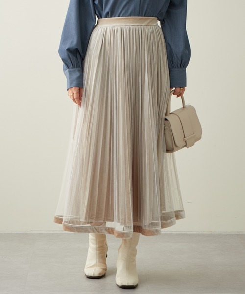 natural couture（ナチュラルクチュール）の「大人気リバイバル/WEB限定カラーあり/裾ベロアパイピングチュールプリーツスカート（スカート・レディース・ブラック/ブラウン/グレー/アイボリー/モカ/ラベンダー・FREE）」の7枚目の写真