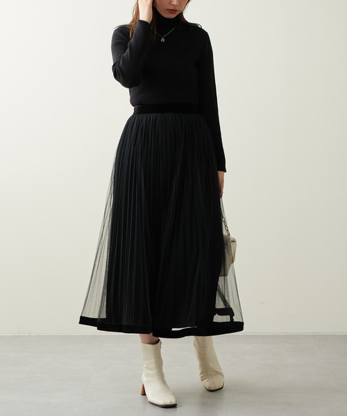 natural couture（ナチュラルクチュール）の「大人気リバイバル/WEB限定カラーあり/裾ベロアパイピングチュールプリーツスカート（スカート・レディース・ブラック/ブラウン/グレー/アイボリー/モカ/ラベンダー・FREE）」の18枚目の写真