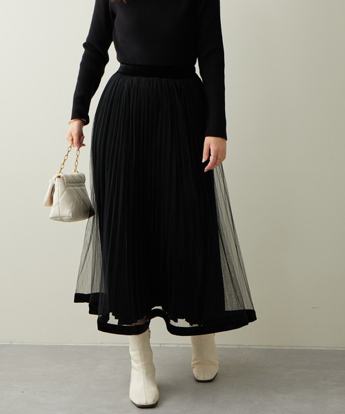 natural couture（ナチュラルクチュール）の「大人気リバイバル/WEB限定カラーあり/裾ベロアパイピングチュールプリーツスカート（スカート・レディース・ブラック/ブラウン/グレー/アイボリー/モカ/ラベンダー・FREE）」の14枚目の写真