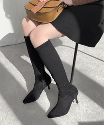 スクエアトゥ ストレッチ ロングブーツ (7.5cmヒール)