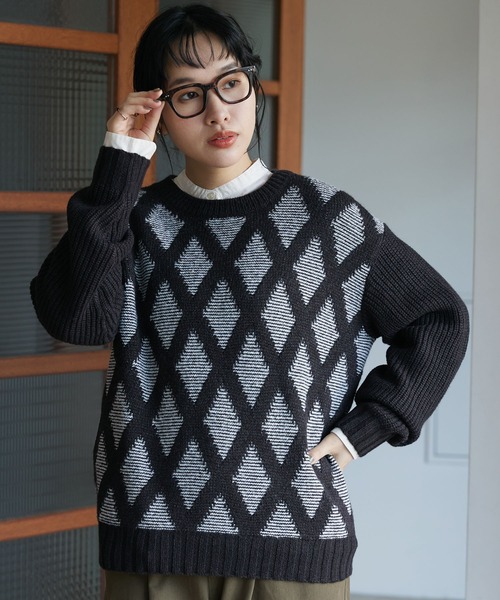 CRAFT STANDARD BOUTIQUE(クラフトスタンダードブティック)の「ジャガードMIXニット(ニット/セーター・レディース・ブラック/ベージュ・FREE)」の1枚目の写真