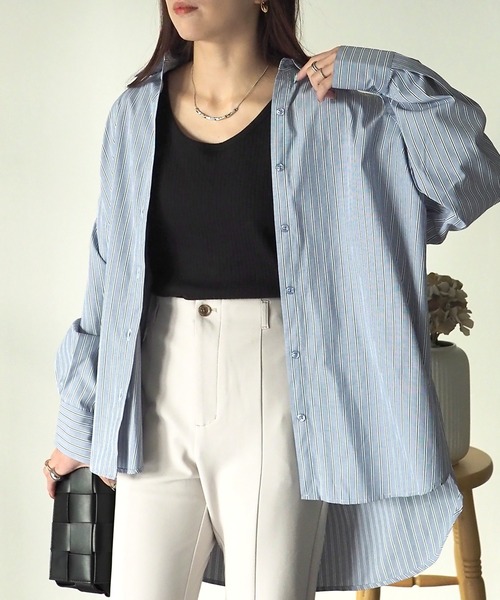 Riberry（リベリー）の「袖スリット開きストライプシャツ（シャツ/ブラウス・レディース・ネイビー/ピンク/ブルー・MEDIUM）」の2枚目の写真