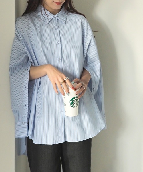 Riberry（リベリー）の「袖スリット開きストライプシャツ（シャツ/ブラウス・レディース・ネイビー/ピンク/ブルー・MEDIUM）」の5枚目の写真