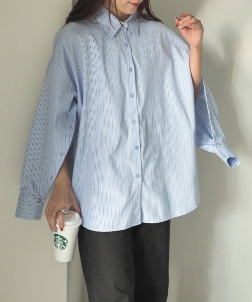 Riberry（リベリー）の「袖スリット開きストライプシャツ（シャツ/ブラウス・レディース・ネイビー/ピンク/ブルー・MEDIUM）」の6枚目の写真