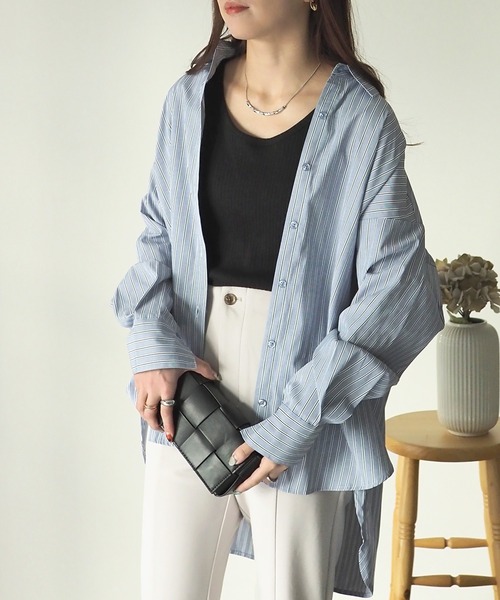 Riberry（リベリー）の「袖スリット開きストライプシャツ（シャツ/ブラウス・レディース・ネイビー/ピンク/ブルー・MEDIUM）」の8枚目の写真