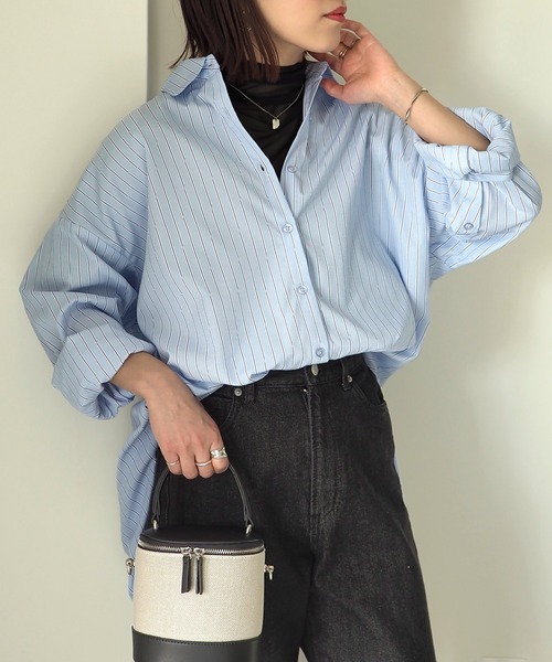 Riberry（リベリー）の「袖スリット開きストライプシャツ（シャツ/ブラウス・レディース・ネイビー/ピンク/ブルー・MEDIUM）」の16枚目の写真