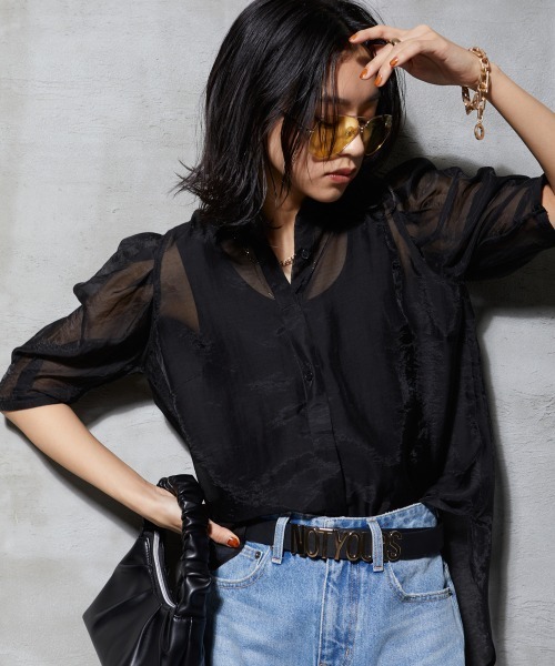 GEVS.（ジェイヴィス）の「＜大きいサイズ＞ シアーパフスリーブブラウス GEVS.（シャツ/ブラウス・レディース・ブラック/クリーム・4L/L/5L/3L/LL）」の2枚目の写真