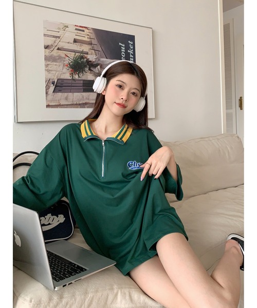 DEVICE(デバイス)の「ストリート スタンド ハーフジップ カレッジロゴ Tシャツ トラックジャケット(ジャージ・レディース・グリーン/アイボリー系・FREE)」の8枚目の写真