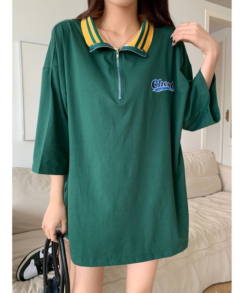 DEVICE(デバイス)の「ストリート スタンド ハーフジップ カレッジロゴ Tシャツ トラックジャケット(ジャージ・レディース・グリーン/アイボリー系・FREE)」の18枚目の写真