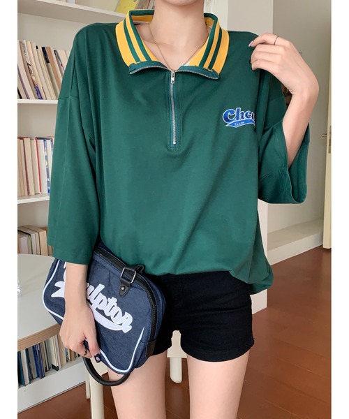 DEVICE(デバイス)の「ストリート スタンド ハーフジップ カレッジロゴ Tシャツ トラックジャケット(ジャージ・レディース・グリーン/アイボリー系・FREE)」の17枚目の写真