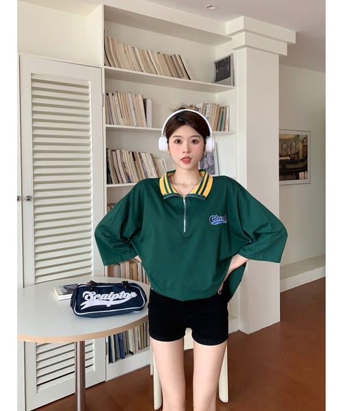 DEVICE(デバイス)の「ストリート スタンド ハーフジップ カレッジロゴ Tシャツ トラックジャケット(ジャージ・レディース・グリーン/アイボリー系・FREE)」の12枚目の写真