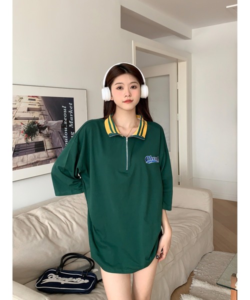 DEVICE(デバイス)の「ストリート スタンド ハーフジップ カレッジロゴ Tシャツ トラックジャケット(ジャージ・レディース・グリーン/アイボリー系・FREE)」の13枚目の写真