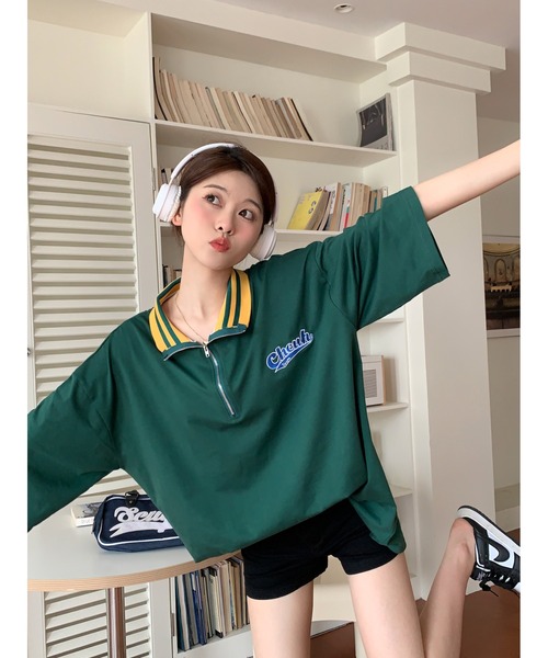 DEVICE(デバイス)の「ストリート スタンド ハーフジップ カレッジロゴ Tシャツ トラックジャケット(ジャージ・レディース・グリーン/アイボリー系・FREE)」の7枚目の写真