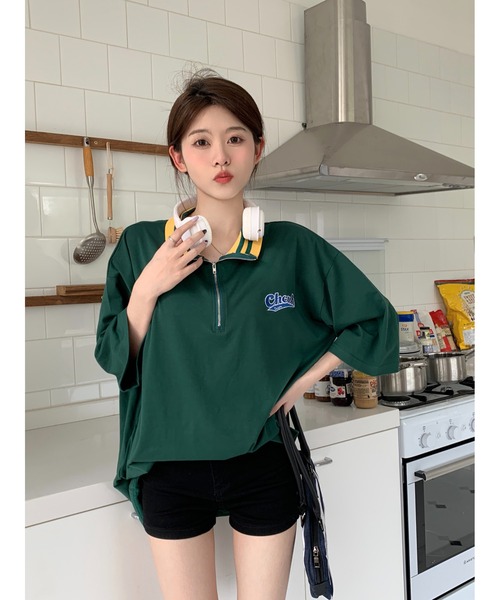 DEVICE(デバイス)の「ストリート スタンド ハーフジップ カレッジロゴ Tシャツ トラックジャケット(ジャージ・レディース・グリーン/アイボリー系・FREE)」の14枚目の写真