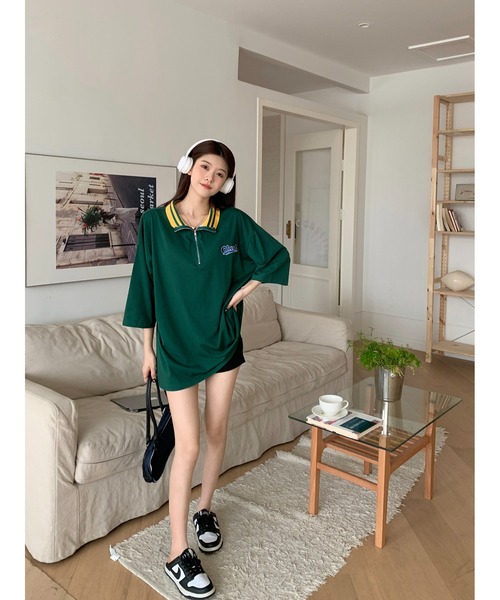 DEVICE(デバイス)の「ストリート スタンド ハーフジップ カレッジロゴ Tシャツ トラックジャケット(ジャージ・レディース・グリーン/アイボリー系・FREE)」の16枚目の写真