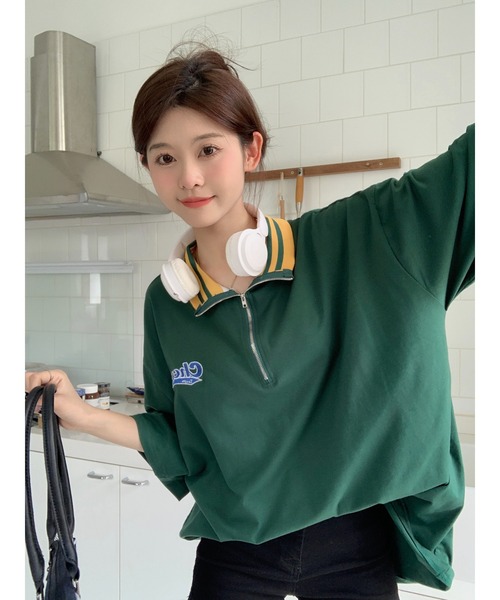 DEVICE(デバイス)の「ストリート スタンド ハーフジップ カレッジロゴ Tシャツ トラックジャケット(ジャージ・レディース・グリーン/アイボリー系・FREE)」の19枚目の写真