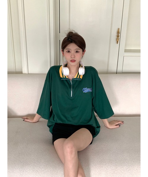 DEVICE(デバイス)の「ストリート スタンド ハーフジップ カレッジロゴ Tシャツ トラックジャケット(ジャージ・レディース・グリーン/アイボリー系・FREE)」の15枚目の写真