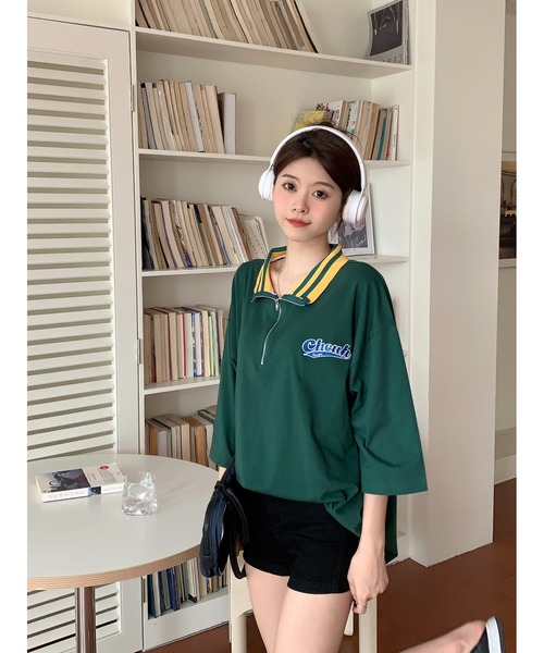 DEVICE(デバイス)の「ストリート スタンド ハーフジップ カレッジロゴ Tシャツ トラックジャケット(ジャージ・レディース・グリーン/アイボリー系・FREE)」の11枚目の写真