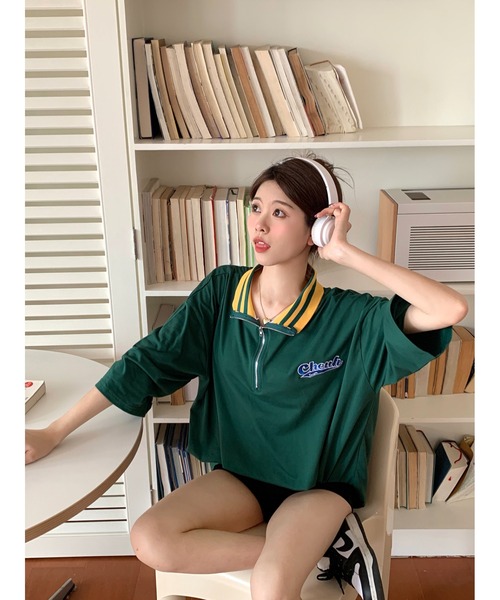 DEVICE(デバイス)の「ストリート スタンド ハーフジップ カレッジロゴ Tシャツ トラックジャケット(ジャージ・レディース・グリーン/アイボリー系・FREE)」の10枚目の写真