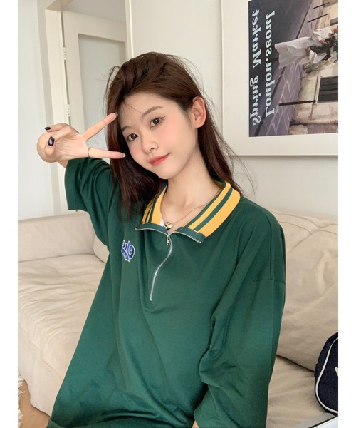 DEVICE(デバイス)の「ストリート スタンド ハーフジップ カレッジロゴ Tシャツ トラックジャケット(ジャージ・レディース・グリーン/アイボリー系・FREE)」の20枚目の写真