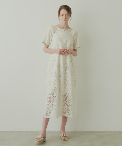 idem（イデム）の「crochet fringe onepiece/肩フリンジノースリーブ
