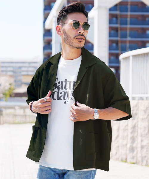 jiggys shop（ジギーズショップ）の「リネンライク ボタンレス 半袖シャツカーディガン（カーディガン/ボレロ・メンズ・ブラック/カーキ/グリーン/グレー・LARGE/MEDIUM/X-LARGE）」の4枚目の写真