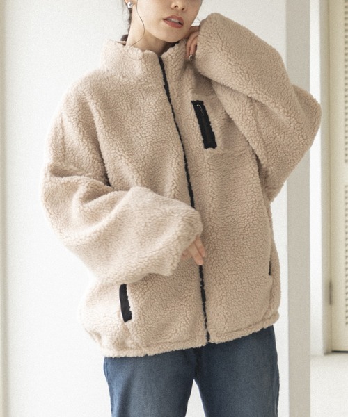 pairmanon（ペアマノン）の「【ママサイズ】ボリューム袖 ボア 長袖 ブルゾン ジャケット アウター（ブルゾン・レディース・モカ/スモークピンク/アイボリー/ライトピンク/グレイッシュベージュ・FREE）」の3枚目の写真