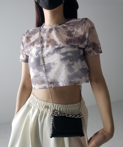 me+em select(ミームセレクト)の「【 選べる3color/2size 】ニュアンスタイダイシースルーショート丈トップス(Tシャツ/カットソー・レディース・グレー/ブラック/ブルー・SMALL/MEDIUM)」の1枚目の写真